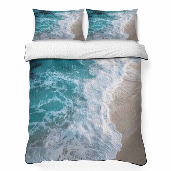 Beach 3 Piece Quilt Bedding Set with 2 Pillow Shams, Ocean Scenery Lightweight Bedspread Coverlet, Soft Breathable All Season Quilt, 68 x 86 Inch