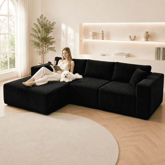 Deep Seat Modular Sectional Sofa with Chaise Lounge, Oversized L-Shaped Corduroy Couch, No Assembly Boneless Upholstered Sofa for Living Room, Apartment, Black