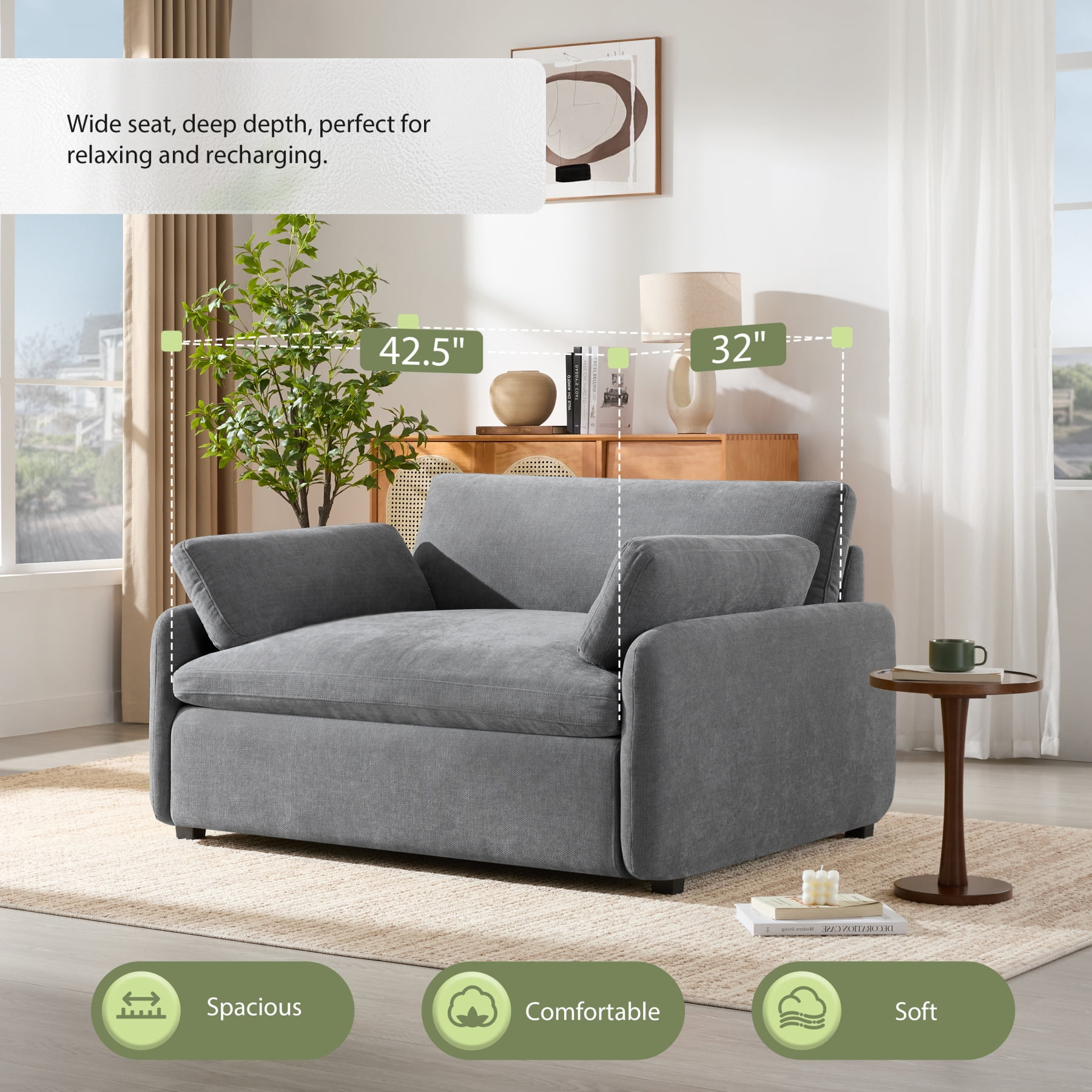 Leumius 50" Oversized Single Sofa Chair, Upholstered Chenille Accent Chair with Wide and Deep Seat, Modern Comfy Armchair,with Pillows for Living Room,Apartment,Bedroom,Gray