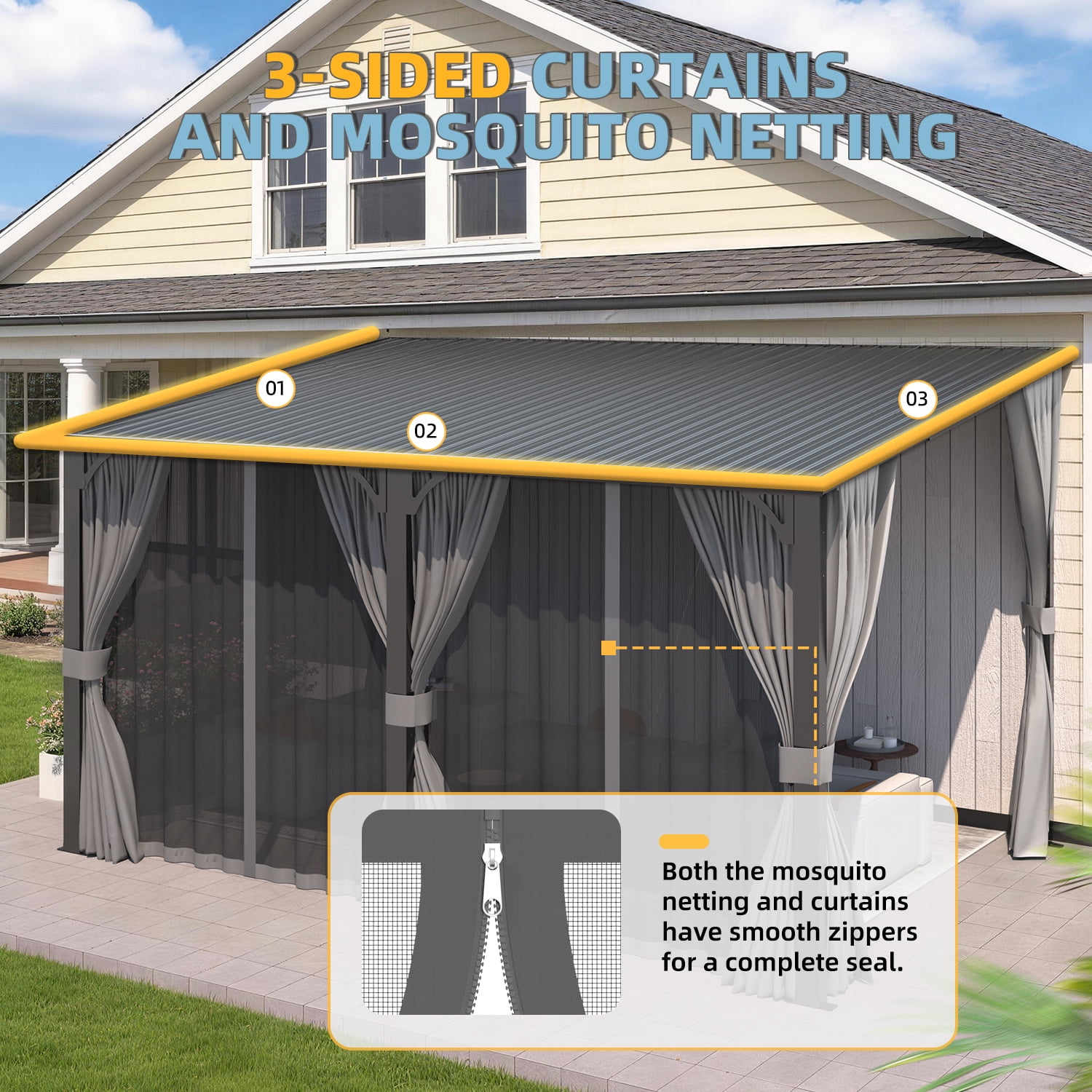 AECOJOY 14' x 12' Hardtop Patio Gazebo with Curtains and Netting, Wall Mounted Heavy Duty Outdoor Pergola on Clearance with Galvanized Steel Roof, Waterproof Metal Grill Gazebo for Backyard