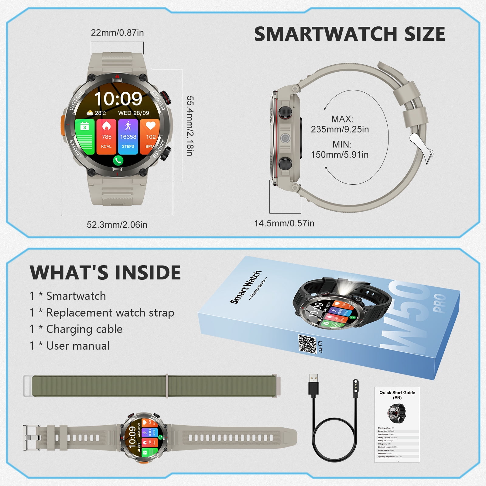 LUOMATE 1.45" Men Military Smartwatch with Fitness Tracker, Bluetooth Calling, 100+ Sport Modes, IP68 Waterproof, Pedometer, Outdoor Sports Watch Compatible Android iPhone (Khaki)