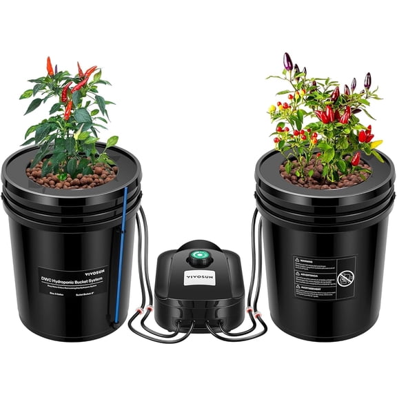 VIVOSUN DWC Hydroponics Grow System with Top Drip Kit, 5-Gallon Deep Water Culture, Recirculating Drip Garden System with Multi-Purpose Air Hose, Air Pump, and Air Stone (2 Buckets   Top Drip Kit)