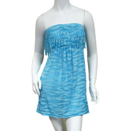 Bongo Junior Womens Blue Swim Suit Cover Up Neon Zebra Strapless Sun Dress
