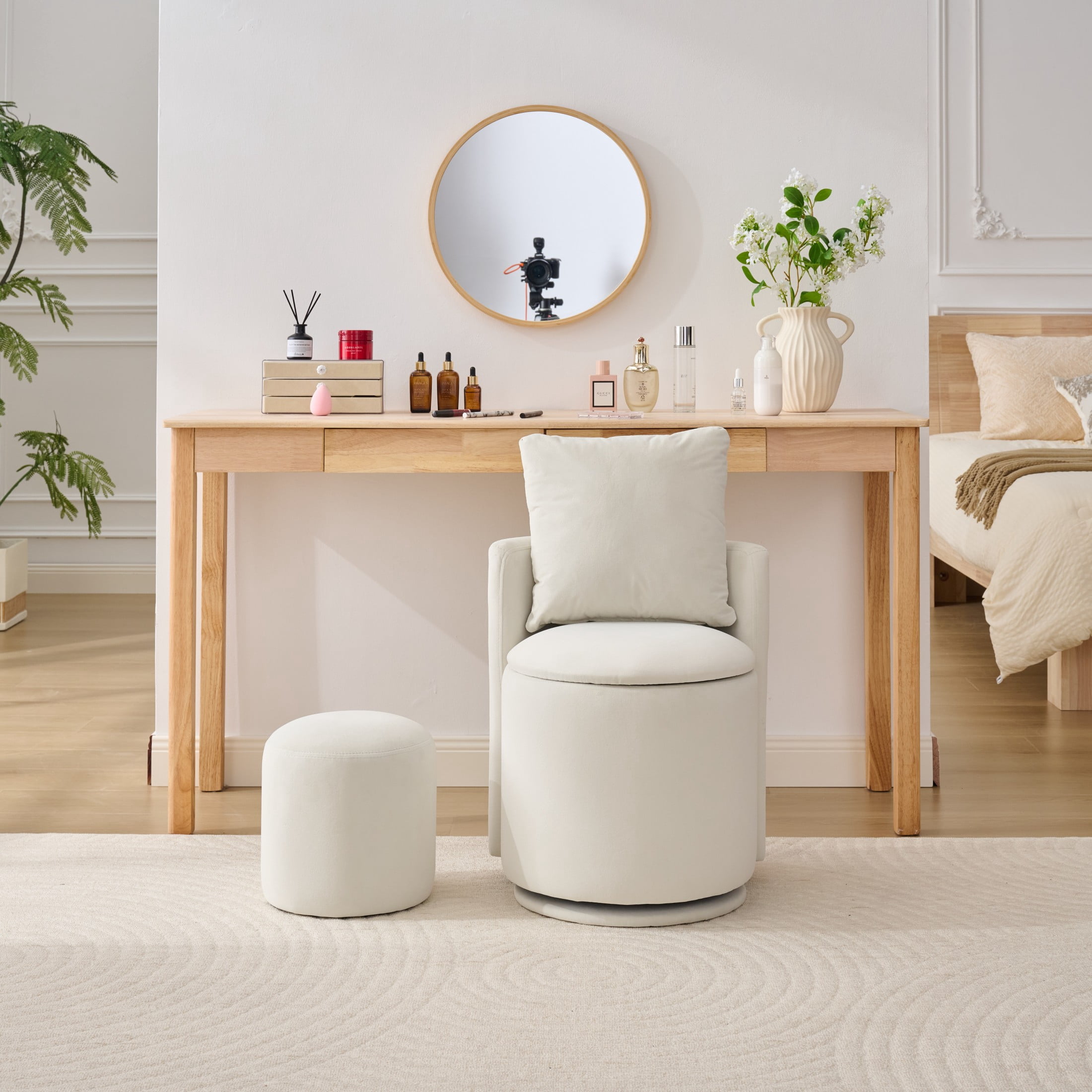 Noble House Velvet Swivel Accent Chair with Ottoman & Toss Pillow, Storage Barrel Chair, Beige