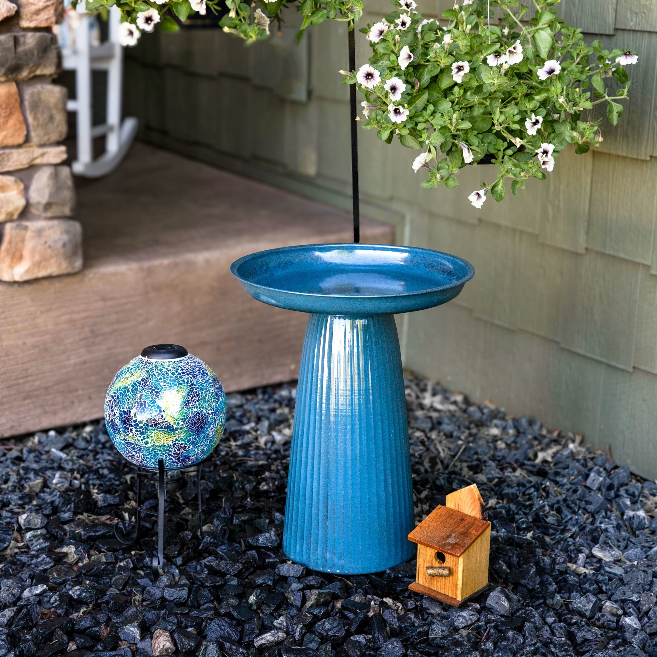 Sunnydaze Gleeful Garden Metal Bird Bath for Outdoors - UV-Resistant Large Bird Bath for Outside - 23-Inch - Blue Glaze