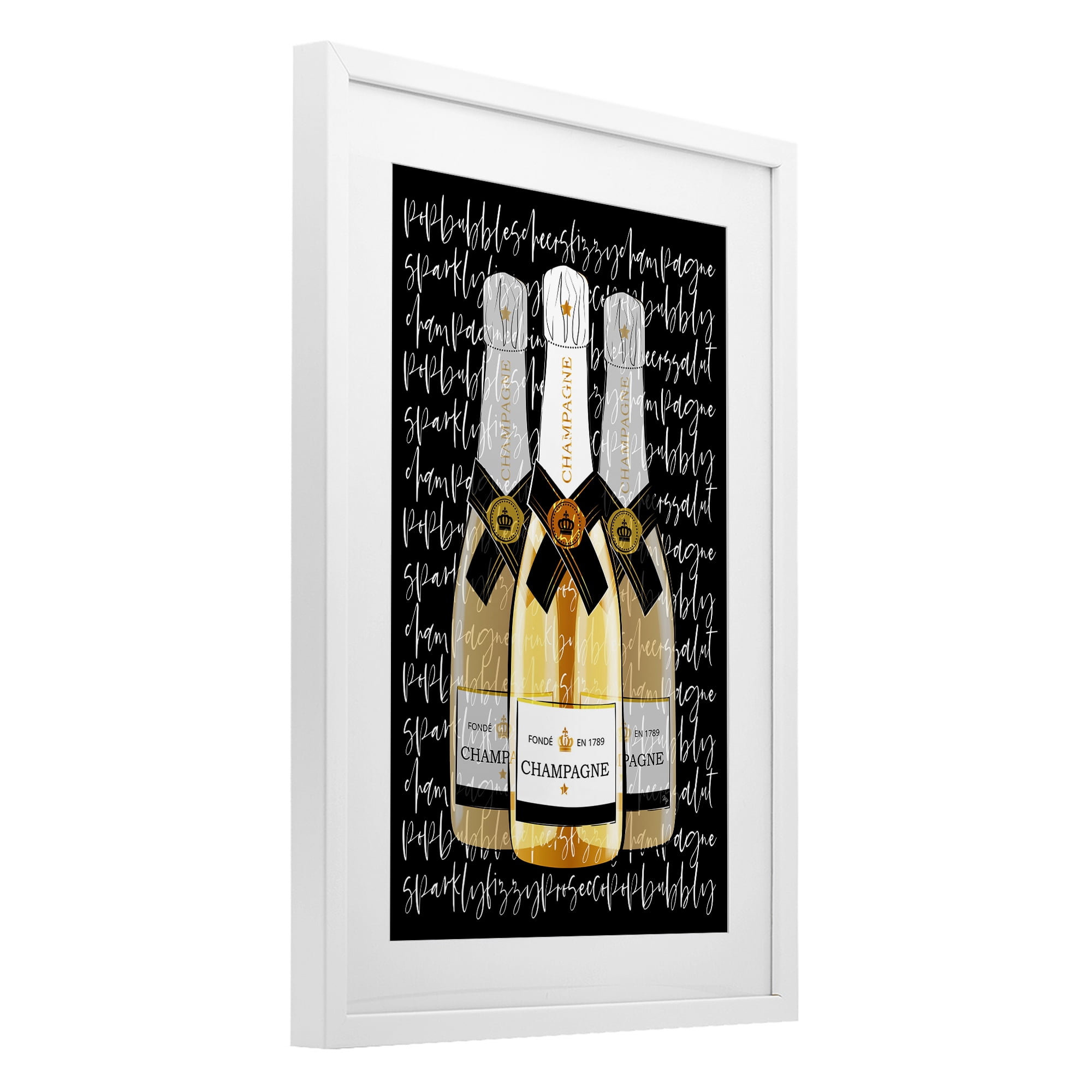 Stupell Industries Triple Champagne Bottle Love White Framed Print Under Glass, design by Martina Pavlova