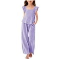 thumbnail image 3 of BXJX Girls Outfit Sets 2 Piece, Plaid Square Neck Flutter Sleeves Girls Summer Clothing Sets Purple Size 10-12 T, 3 of 9