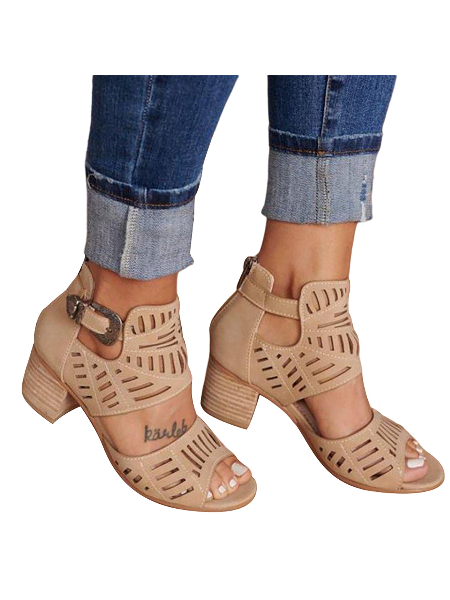 Gladiator Roman Women's High Heels Sandals Chunky Faux Suede Summer Party Shoes 