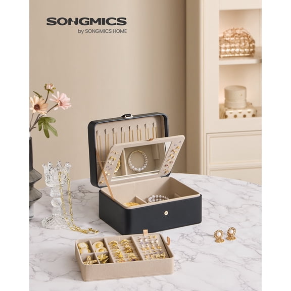Ink Black Jewelry Box with Mirror - 2 - Layer Organizer, Travel Case. Removable Tray, 6.9 x 8.7 x 4.3 Inches, Ideal for Earring & Necklace Storage