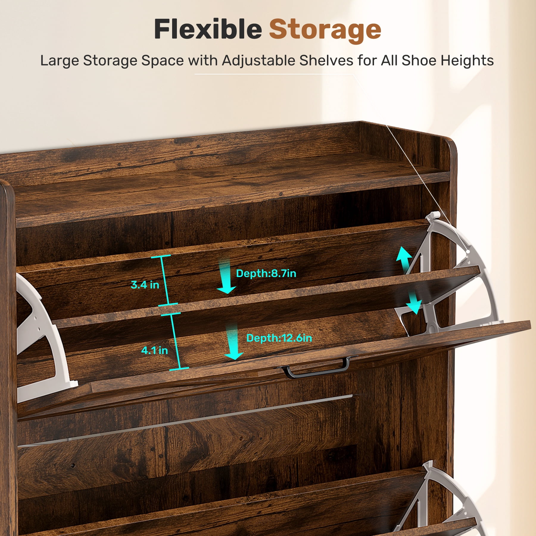 MOONMISS Shoe Storage Cabinet with 3 Flip Drawers and Open Storage,Rustic Wooden Shoe Organizer for Entryway Hallyway