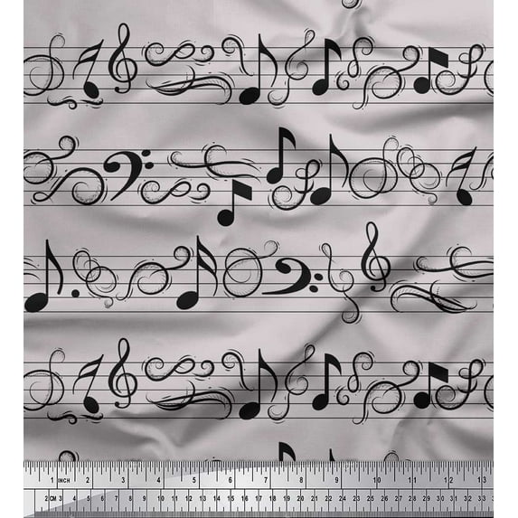 Soimoi Gray Viscose Chiffon Fabric Notes Musical Instrument Print Fabric by Yard 42 Inch Wide
