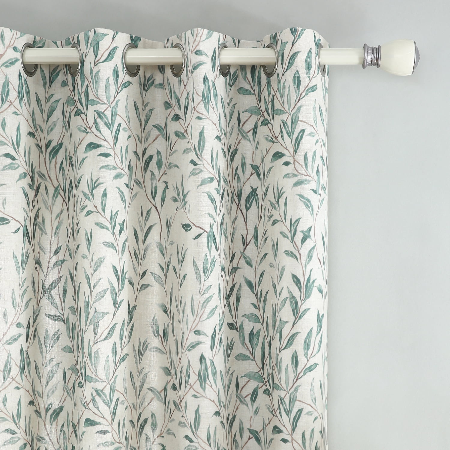 VOGOL Linen Textured Green Leaves Printed Window Drapes, Country Style Light Filtering Curtains for Bedroom, Grommets, W52"xL84", One Panel, Blue