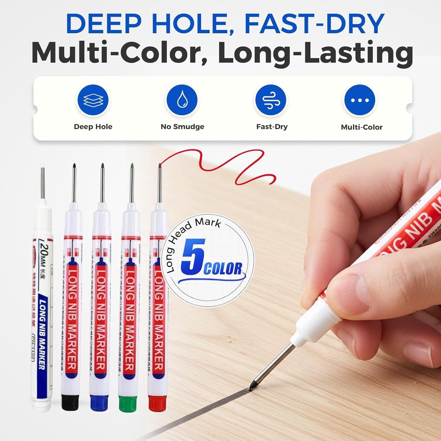 Long Nib Marker, 20mm Deep Hole Marker Pens, Multi-Color Long Nose Construction Markers, Waterproof Quick Dry Metal Wood Carpenter Marking Tool for DIY, Tight Spaces & Drilling