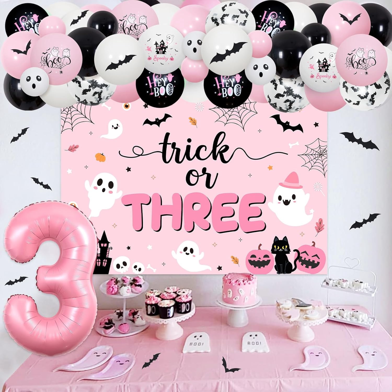 Halloween 3rd Birthday Decorations Trick Or Three Balloon Garland Arch Kit for Girls, Pink White Bat Wall Stickers Ghost Balloon Backdrop Halloween Third Birthday Party Decor Supplies