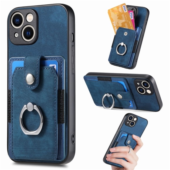 For iPhone 15 Phone Case Wallet with Card Holder,PU Leather Metal Ring Buckle Holder Kickstand Women Men Magnetic Cover,Blue,For iPhone 15
