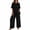 Black, variant on Womens Short Sleeve Two Piece Linen Cotton Outfit Solid V Neck Top Drawstring Wide Leg Pants Side Pocket High Waist Loose Casual Matching Set Tracksuit