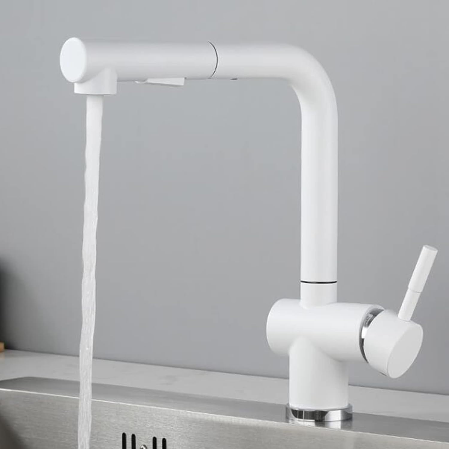 Kitchen Faucets with Pull Out Spray, Kitchen Mixer Faucet Stainless Steel Swivel Hot and Cold Water Dual Mode Multifunction Pull Out Kitchen Sink Faucet-White