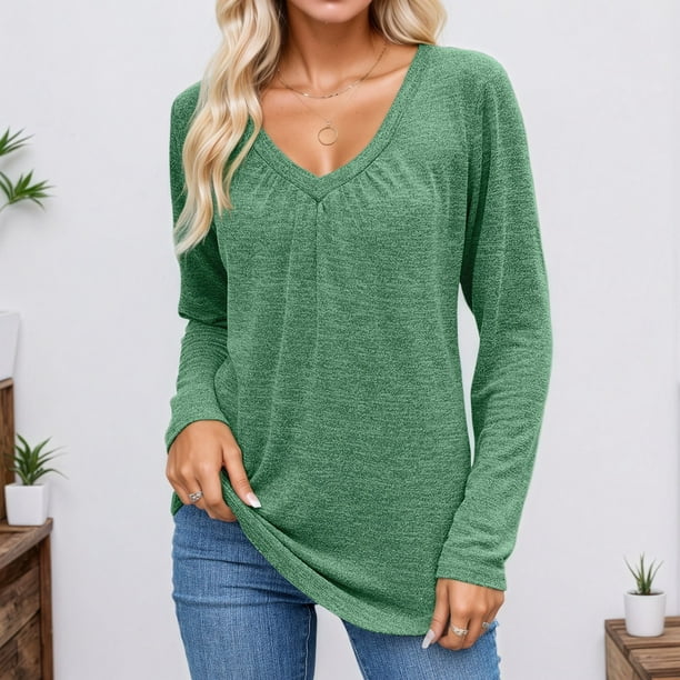 MHFRRA Camisetas de Mujer de Manga Larga Holgadas para Primavera y Otoño con Diseño Plisado Verde