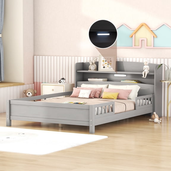 Euroco Wood Full Size Platform Bed with LED Light and Storage Headboard, Antique Grey