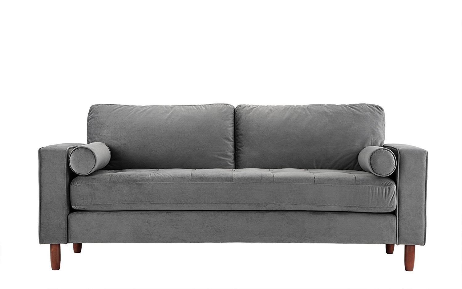 Mid Century Modern Velvet Fabric Sofa Couch With Bolster Pillows Mid Century Modern Velvet Fabric Sofa Couch With Bolster Pillows Navy