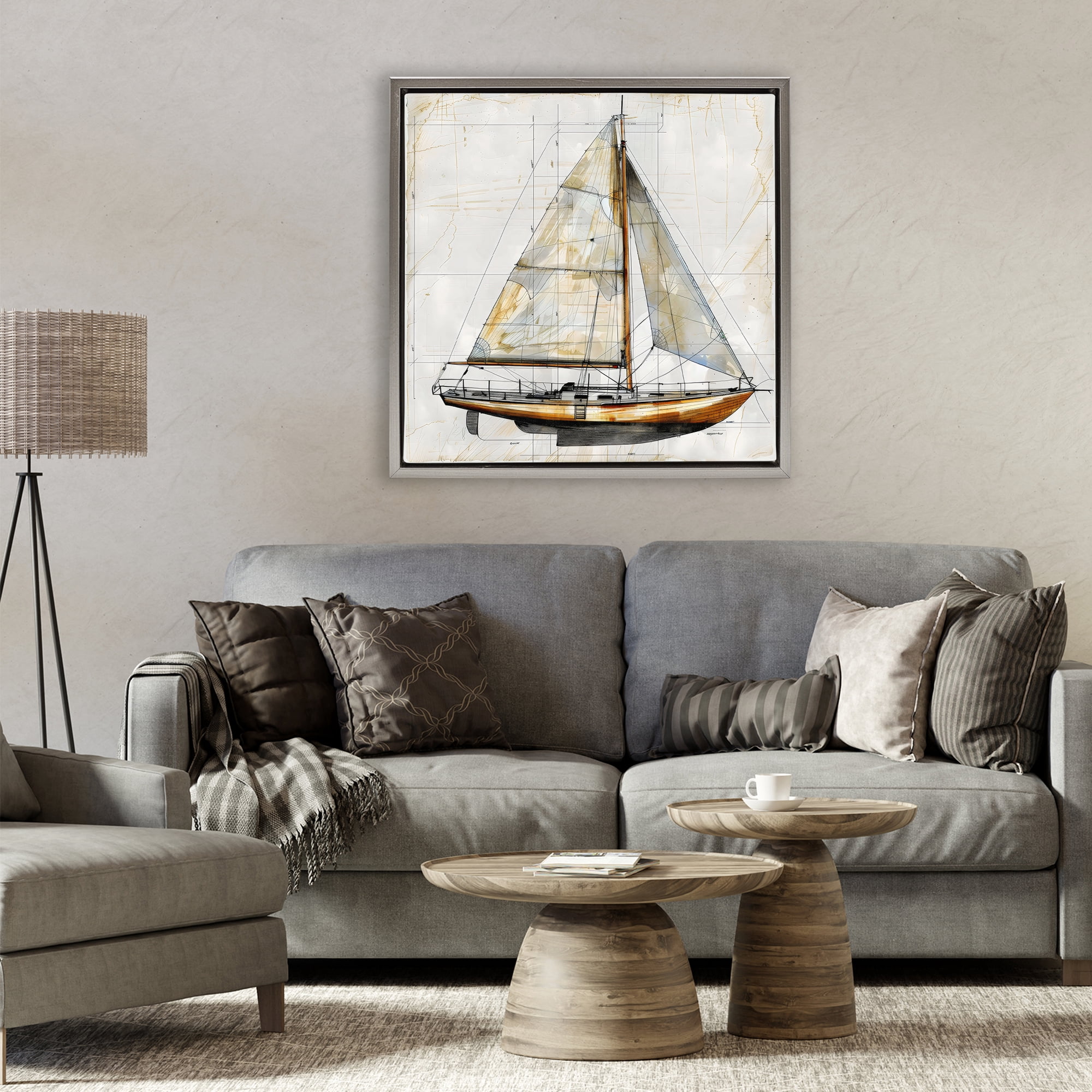 Stupell Industries Vintage Sailboat Drawing Blueprint Gray Framed Floater Canvas Wall Art, design by Creative Studio