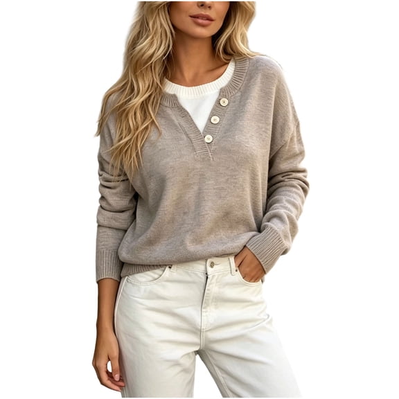 Lnmiateer Women Fall Winter Henley Neck Sweater 2 in 1 Collared Button Crew Neck Long Sleeve Loose Tunic Tops Office Business Casual Going Out Outfit