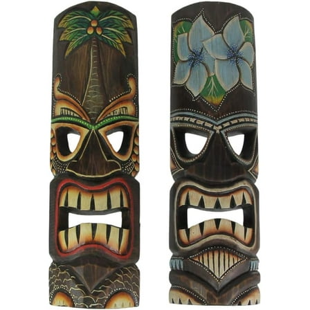 Things2Die4 Set of 2 Hand Crafted Wooden 20 Inch Tiki Wall Masks Palm Tree and Plumeria Flower Designs, Multicolored