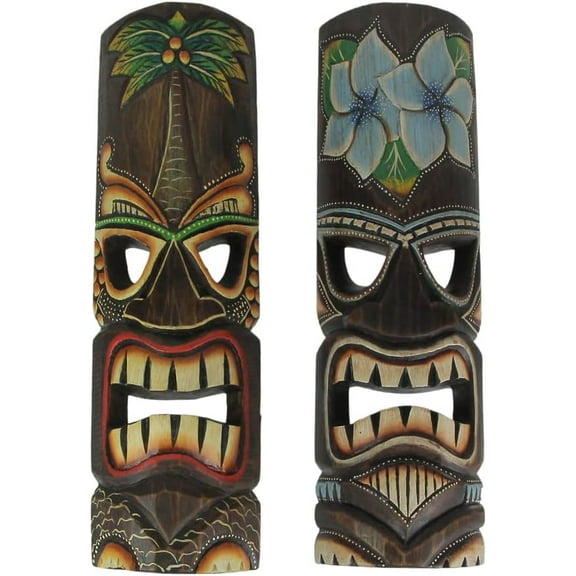 Things2Die4 Set of 2 Hand Crafted Wooden 20 Inch Tiki Wall Masks Palm Tree and Plumeria Flower Designs, Multicolored
