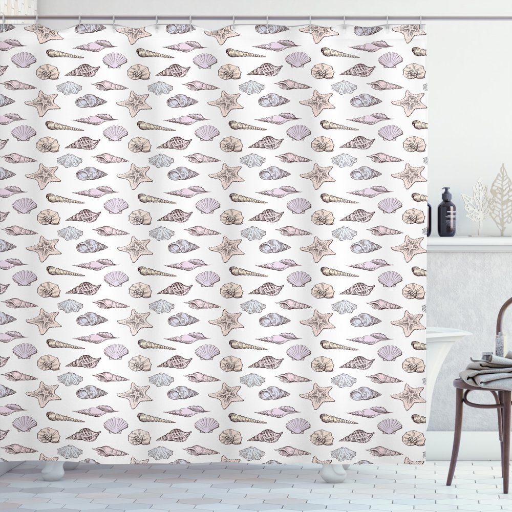 Sea Life Shower Curtain, Repetitive Shells Nautical Sketches