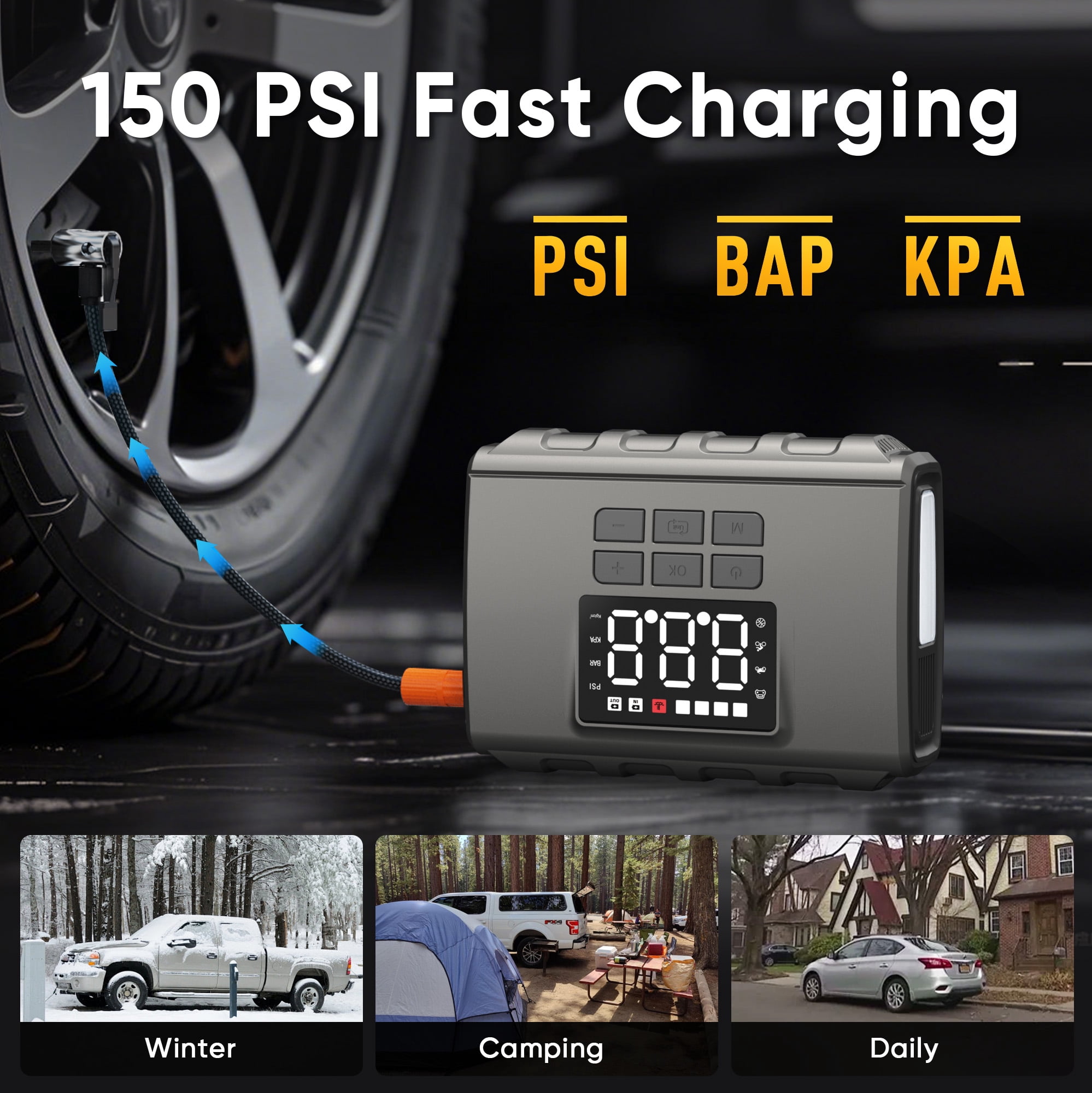 GCZ 3000A Peak Portable Jump Starter with Air Compressor 150PSI, Battery Booster for All Gas & 6.5L Diesel Engine, 20000mAh Power pack with Dual Cylinder & LED Display & Flashlight