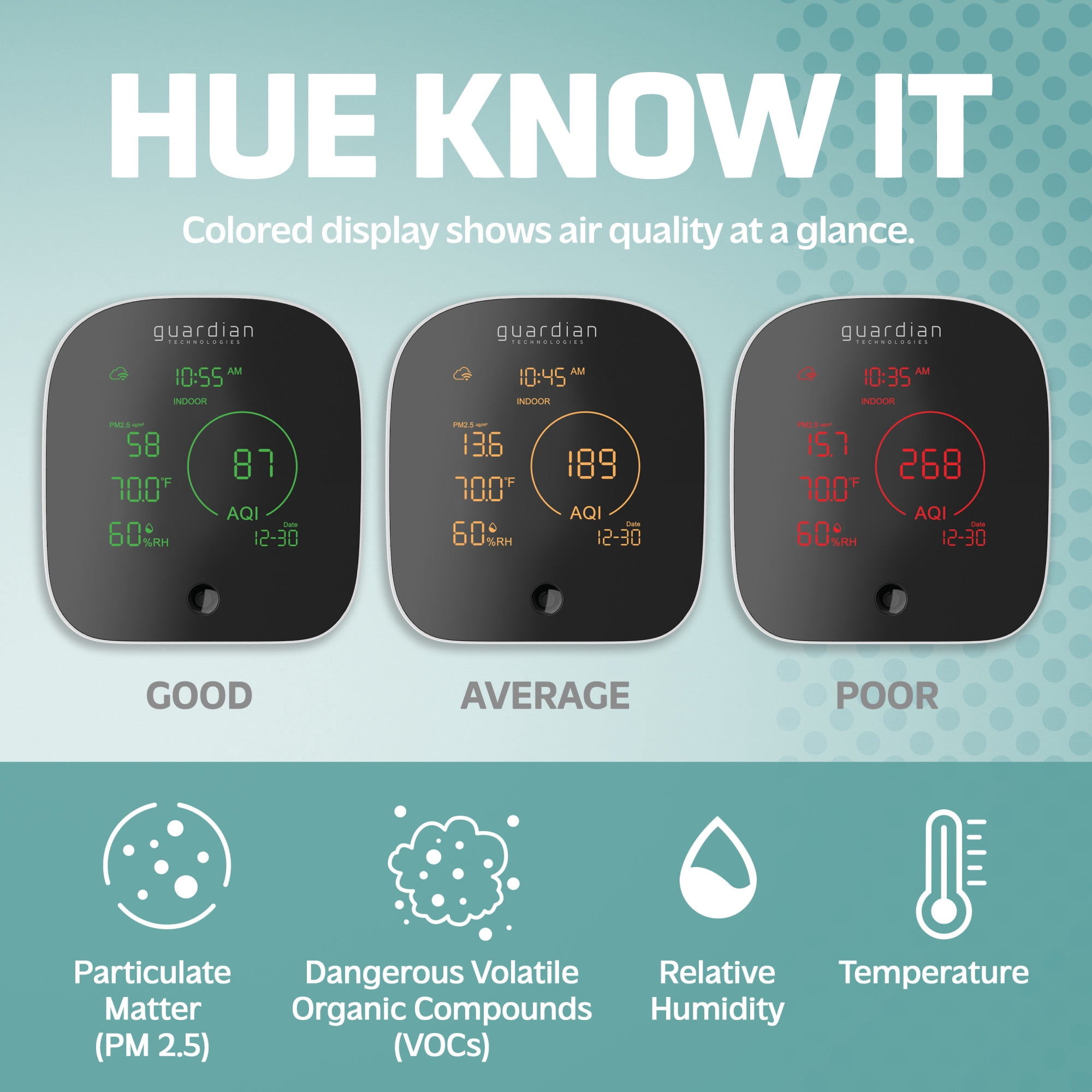 Guardian Technologies Smart Air Quality Monitor, App Controlled, Alexa and Google Enabled, Black/White, AQM101