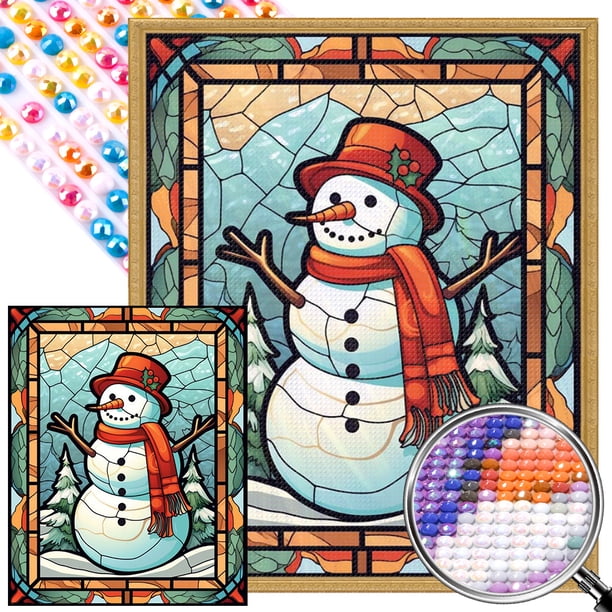 Pintura 5D DIY Vitral Redondo Completo AB Diamante Muñeco de Nieve 45x55cm