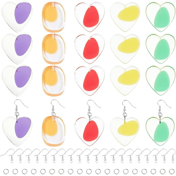 DIY Dangle Earring Making Kits 20Pcs 5 Colors Heart Transparent Resin Beads with Iron Jump Rings & Pin Brass Earring Hooks Mixed Color 37~37.5x37.5x4.5~5.5mm