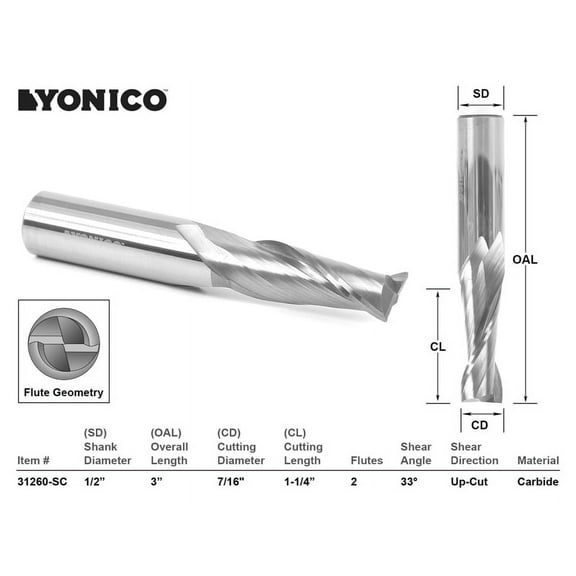 Yonico CNC Router Bit Up Cut Solid Carbide 7/16" X 1-1/4" X 1/2" X 3" - 31260-SC