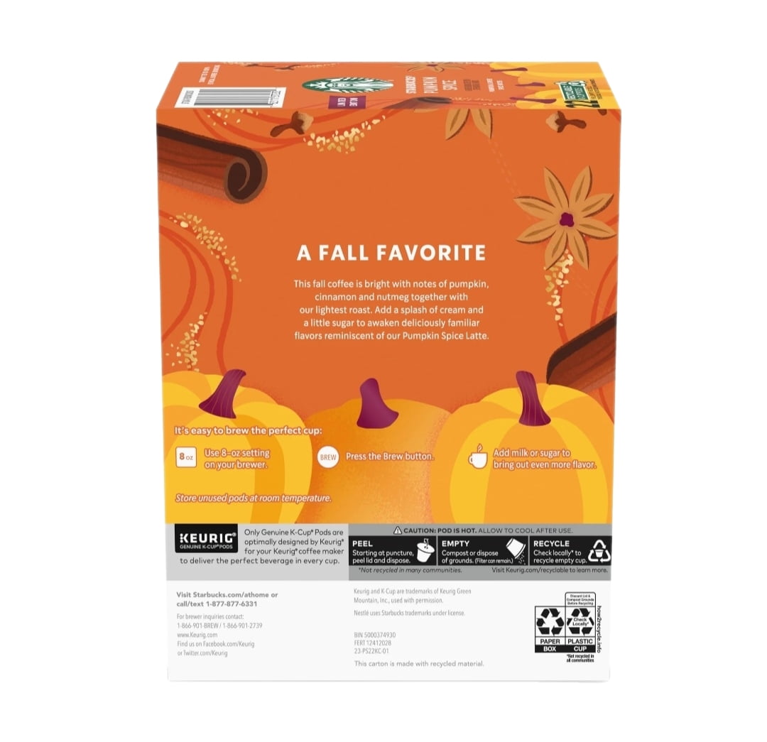 Starbucks Pumpkin Spice Light Roast Coffee K Cup Pods, 44 K Cups Total
