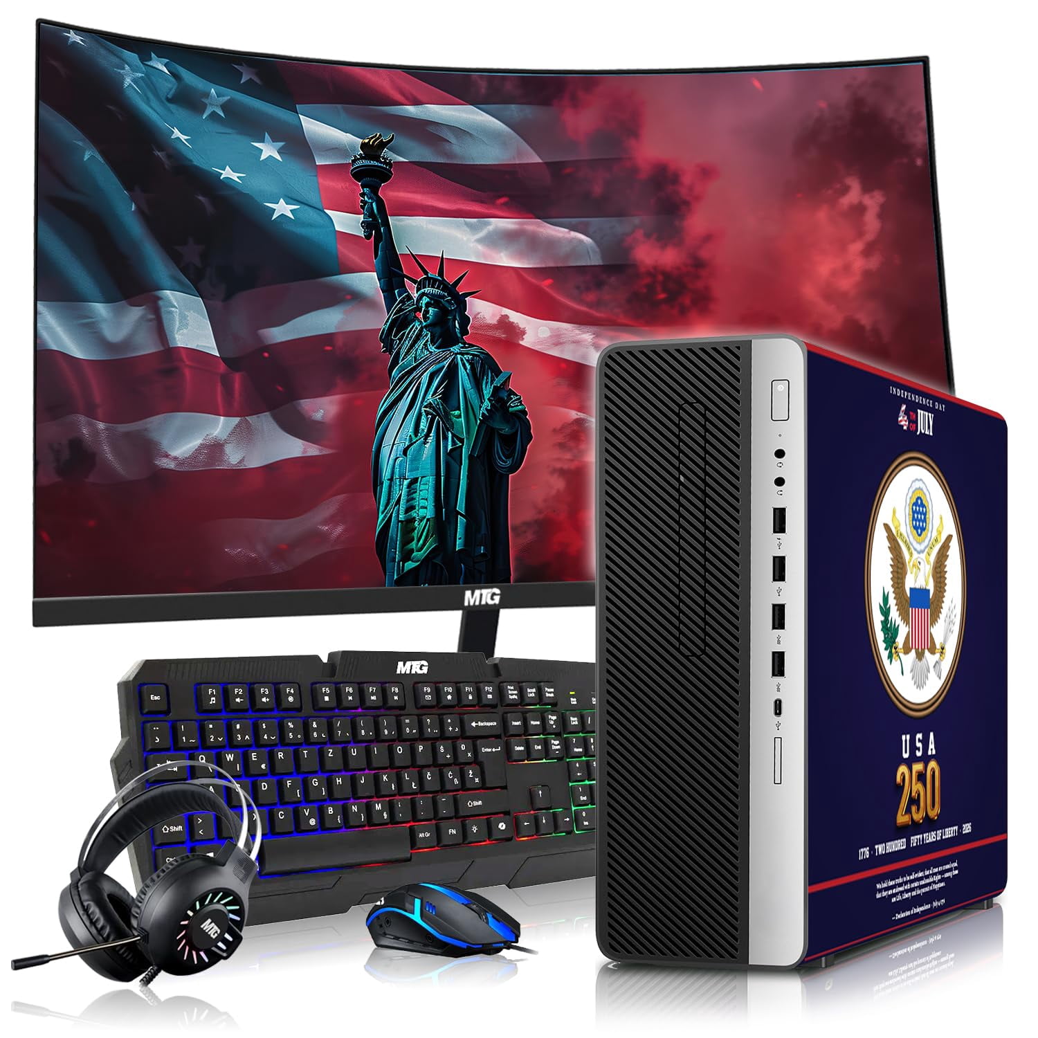 Restored HP EliteDesk Liberty 250 Edition Gaming Desktop Computer PC, AMD, 16GB RAM, 256GB SSD OS+2x500GB HDD, 24" Curve Monitor, GT 1030 Graphics, RGB Keyboard/Mouse/Headphones, Win 11 Pro
