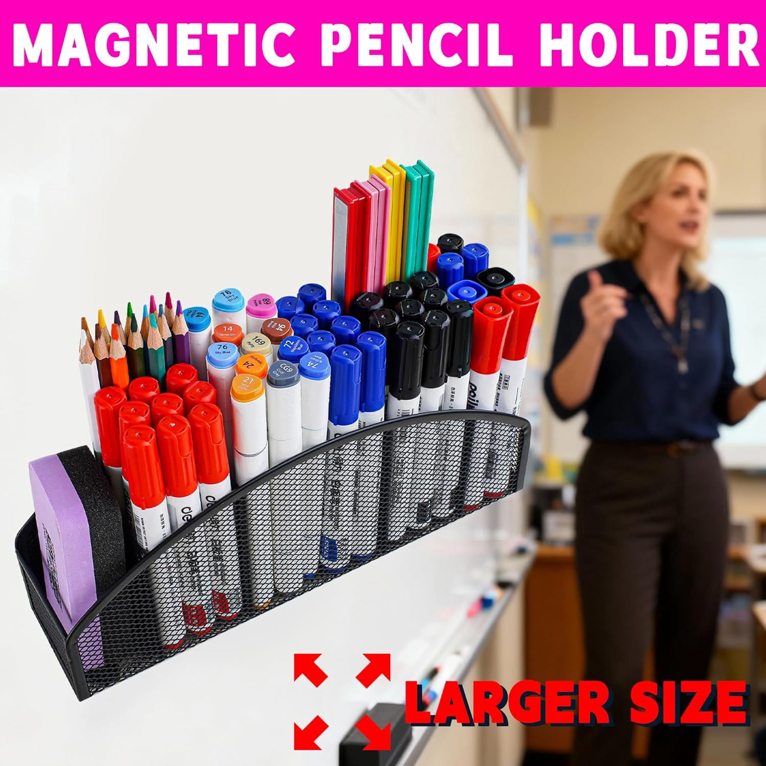 Large Magnetic Whiteboard Organizer 5-Slot Metal Mesh Dry Erase Marker Holder Heavy Duty Pencil Cup Caddy for Fridge Office Black