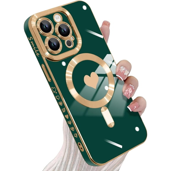 Magnetic Case Designed for iPhone 15 Pro for Women Girls Luxury Plating Cute Love Hearts Design Compatible with Magsafe Soft TPU Bumper Shockproof Cover 15 Pro Cases Dark Green