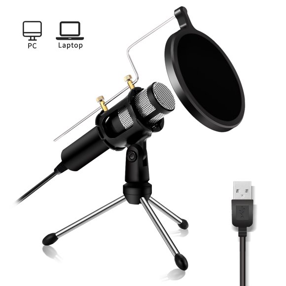 USB Microphone with Tripod Stand, Plug & Play, Condenser, Dual-Layer Acoustic Filter for PC, Laptop, Gaming, Conference Calls, Streaming - 702857