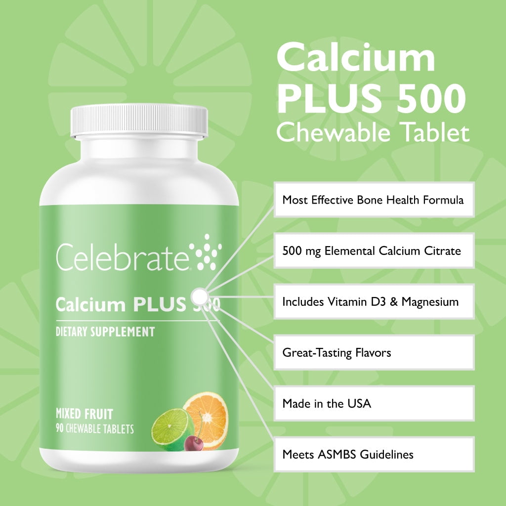 Celebrate Vitamins Calcium Plus 500 Chewable Tablets, 500 mg Calcium Citrate with Vitamin D3, Mixed Fruit, 90 count