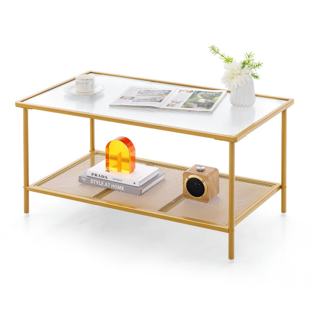Finihen Coffee Table, Tempered Glass Coffee Table, 2-Tier Coffee Table with Shelf Center Tea Table with Tempered Glass Top, for Living Room, Reception Room, Golden Finihen Coffee Table, Tempered Glass Coffee Table, 2-Tier Coffee Table with Shelf Center Tea Table with Tempered Glass Top, for Living Room, Reception Room, Golden