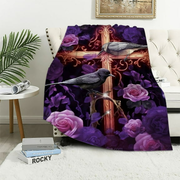 COMIO Purple Cross Blanket Christian Religious Cross Decor Throw Blanket Hummingbird Faith Catholic Blanket Gifts for Women Men Winter Super Warm Soft Plush Flannel Blanket for Adults Kids