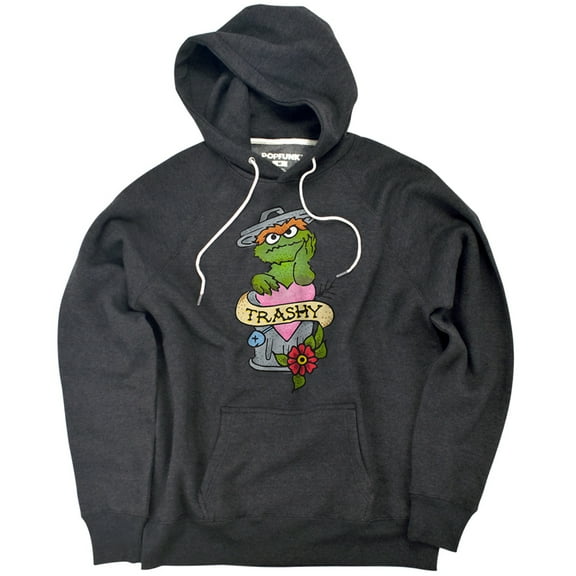 Sesame Street Oscar The Grouch Trashy Tattoo Unisex Adult Slim Fit Pull-Over Heather Hoodie, Charcoal, Small