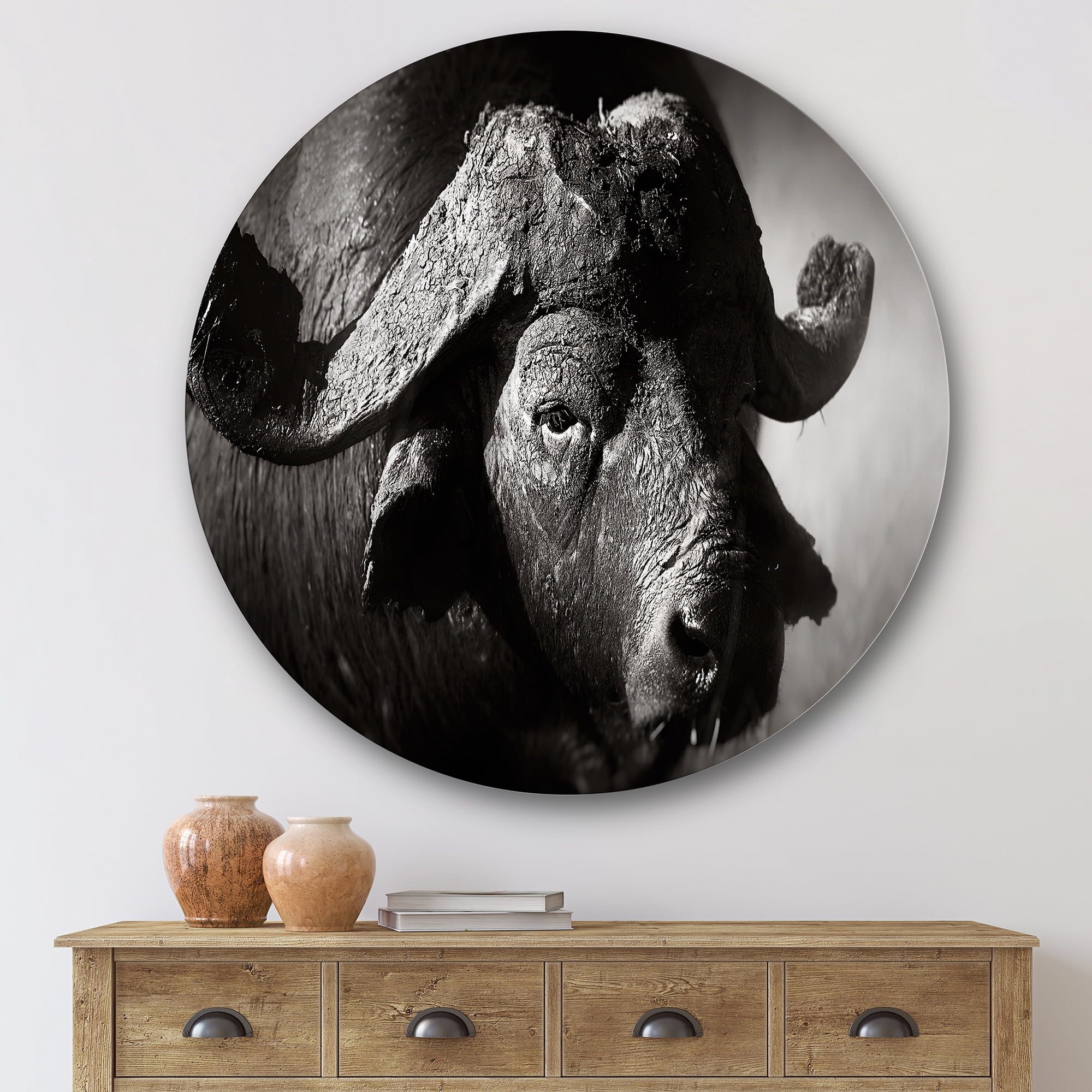 Designart 'Black and White Portrait Of Buffalo II' Farmhouse Circle Metal Wall Art 36x36 - Disc of 36