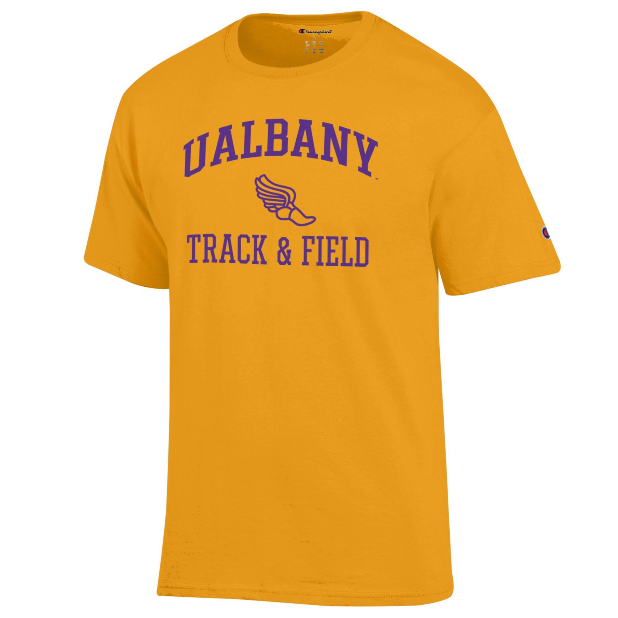 Men's Champion  Yellow UAlbany Great Danes Track & Field Icon T-Shirt