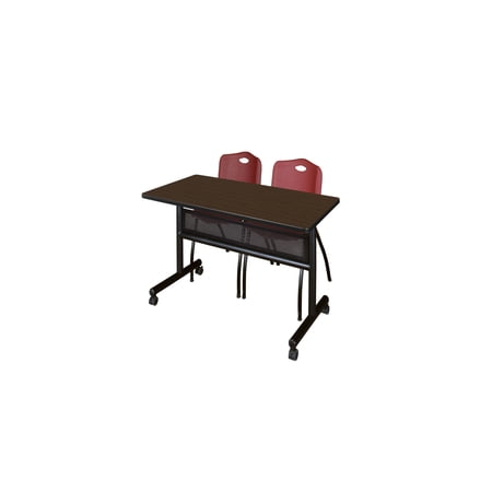 Regency Kobe 48 x 24 in. Flip-Top Privacy Nesting Table- Neo Walnut 2 M Stack Chairs- Burgundy