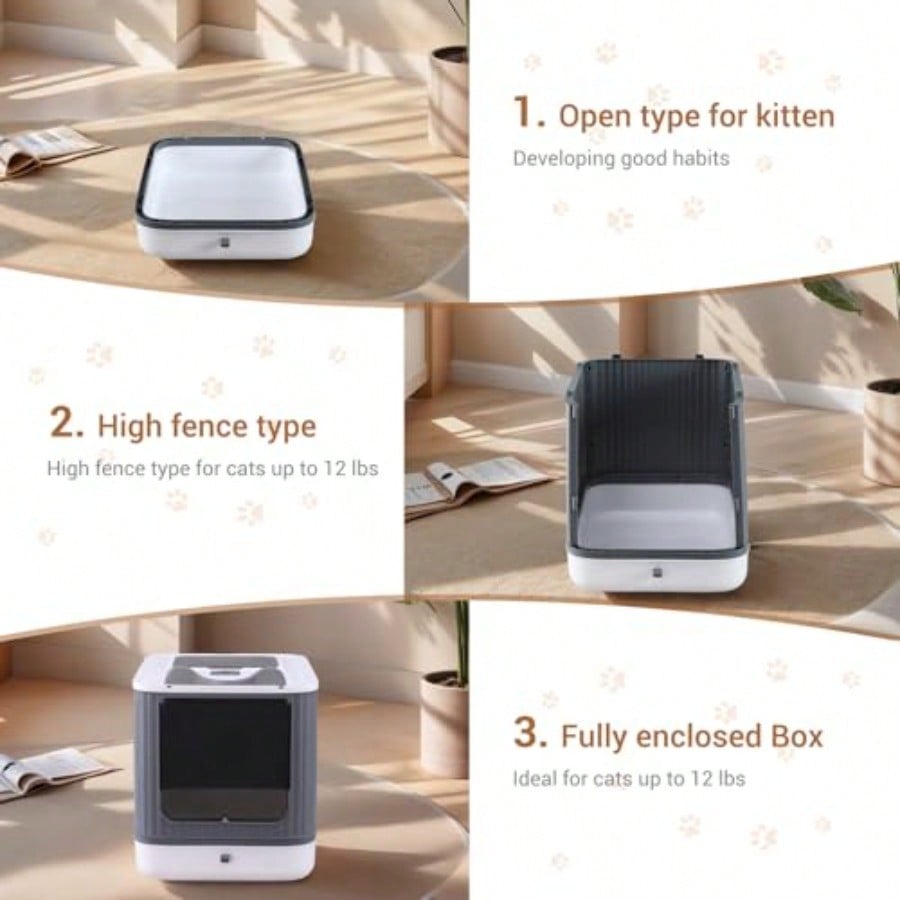 Foldable Cat Litter Box Fully Enclosed Litter Box with Lid Covered Kitty Kitten Litter Boxes Enclosure with Scoop Odor Control Easy to Clean 3 Modes for Cat up to 12 lbs WhiteGrey