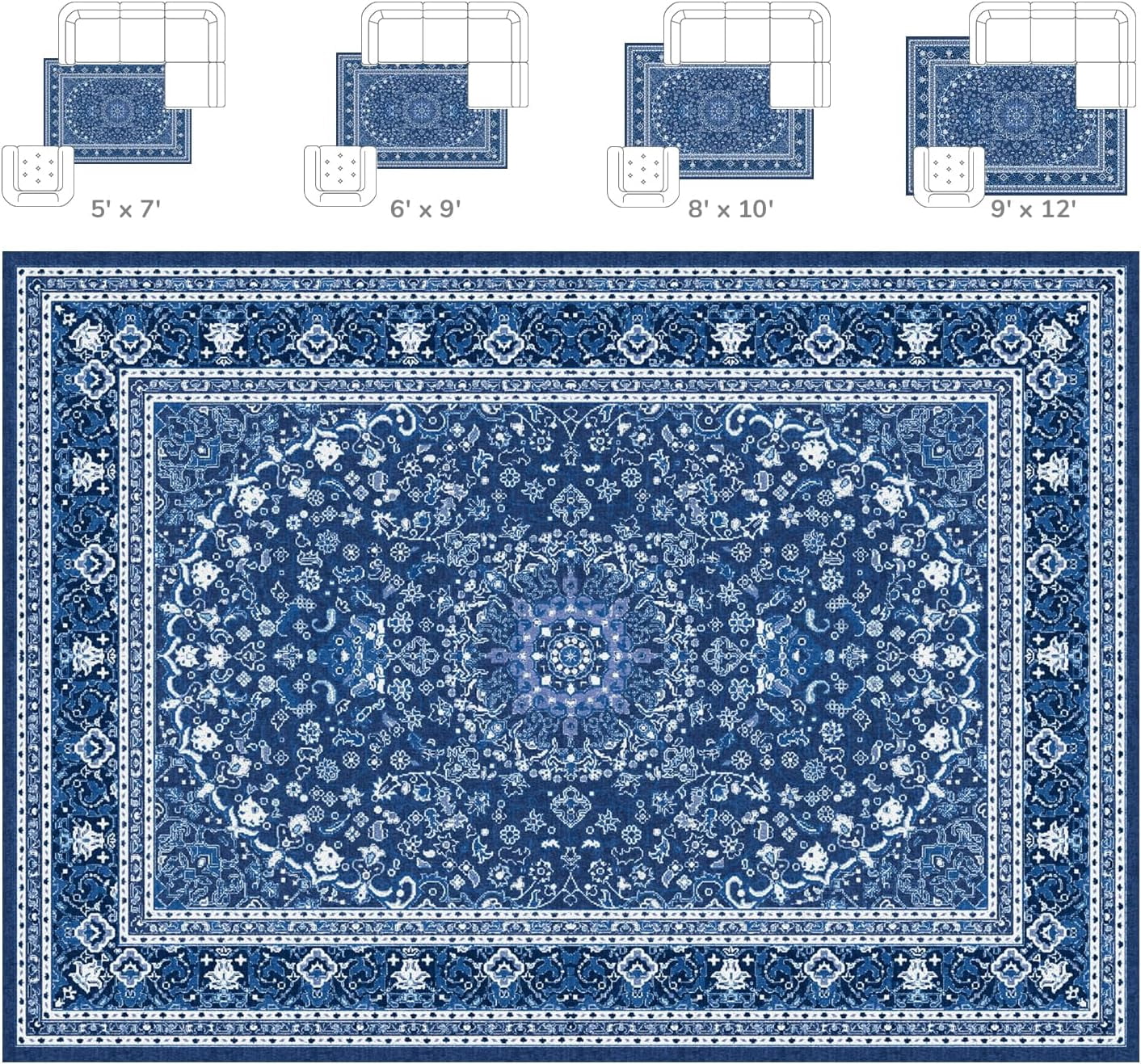 Reepow 9x12 Faux Wool Machine Washable Large Vintage Boho Floral Medallion Non-Slip Rubber Low Pile Area Rug for Living Room Bedroom Office,Blue White