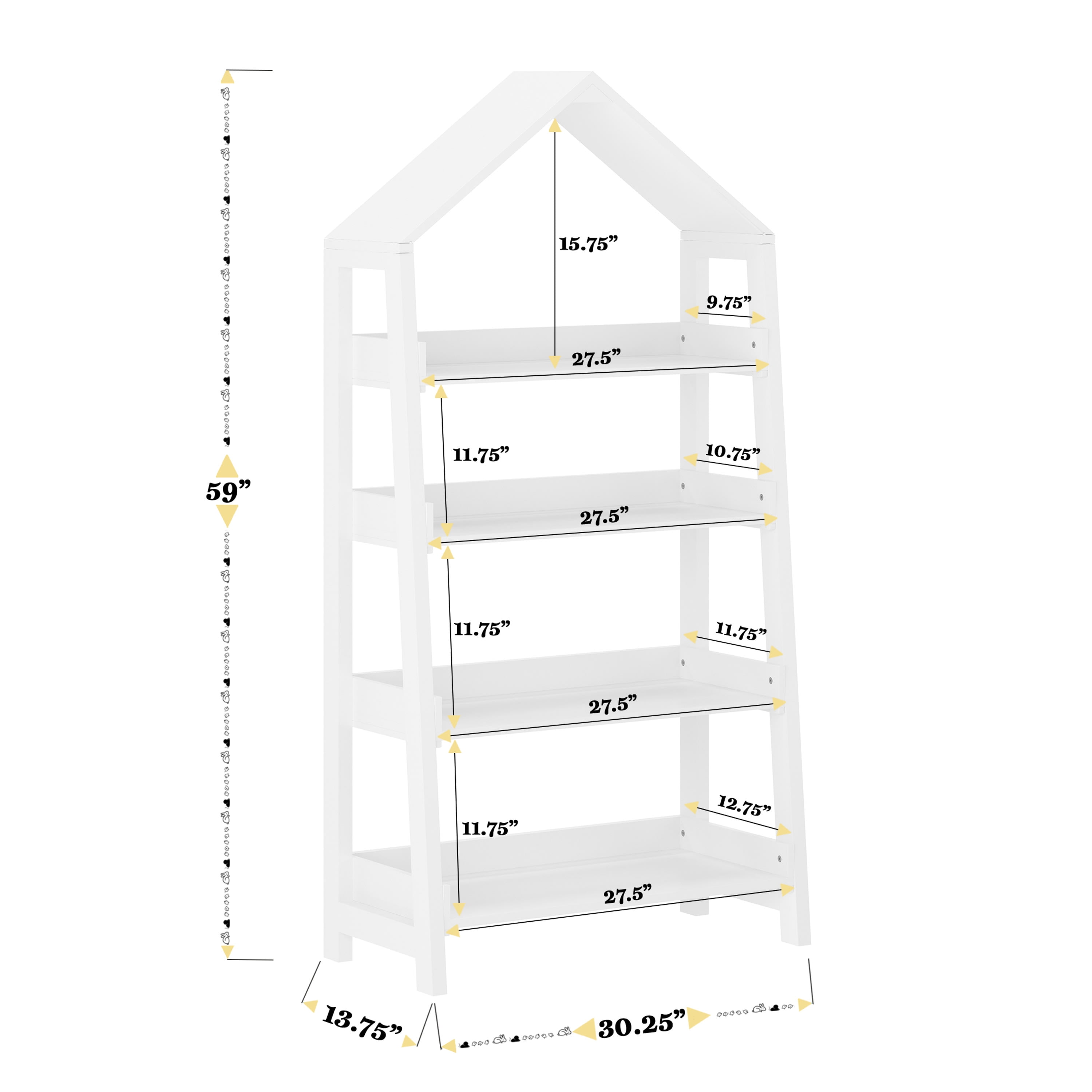 Buzz & Bloom Kids Open-Style Wooden Bookshelf with 4 Shelves and Covered Triangular Top, White