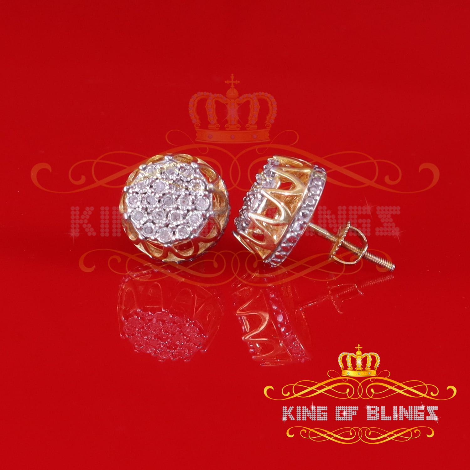 King of Bling's 0.08ct Diamond 925 Sterling Yellow Silver for Men's & Womens Stud Crown Earrings